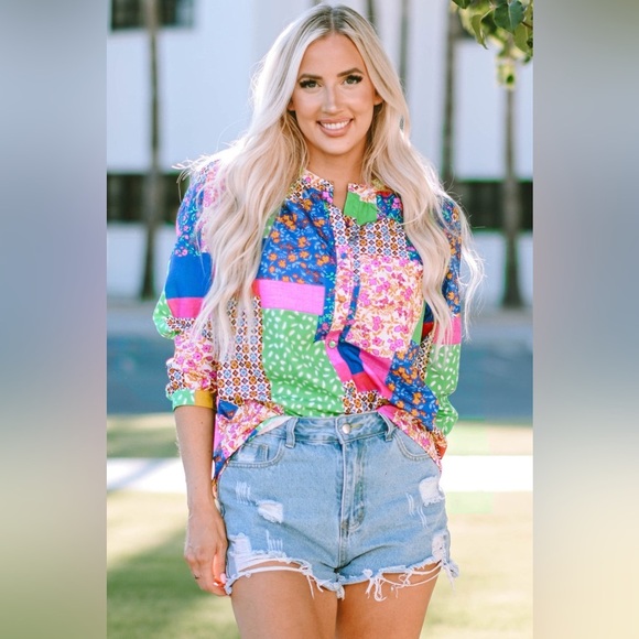 Fate Multicolor Patchwork Women's 3/4 Sleeve Top Size Medium NWT - Picture 12 of 13
